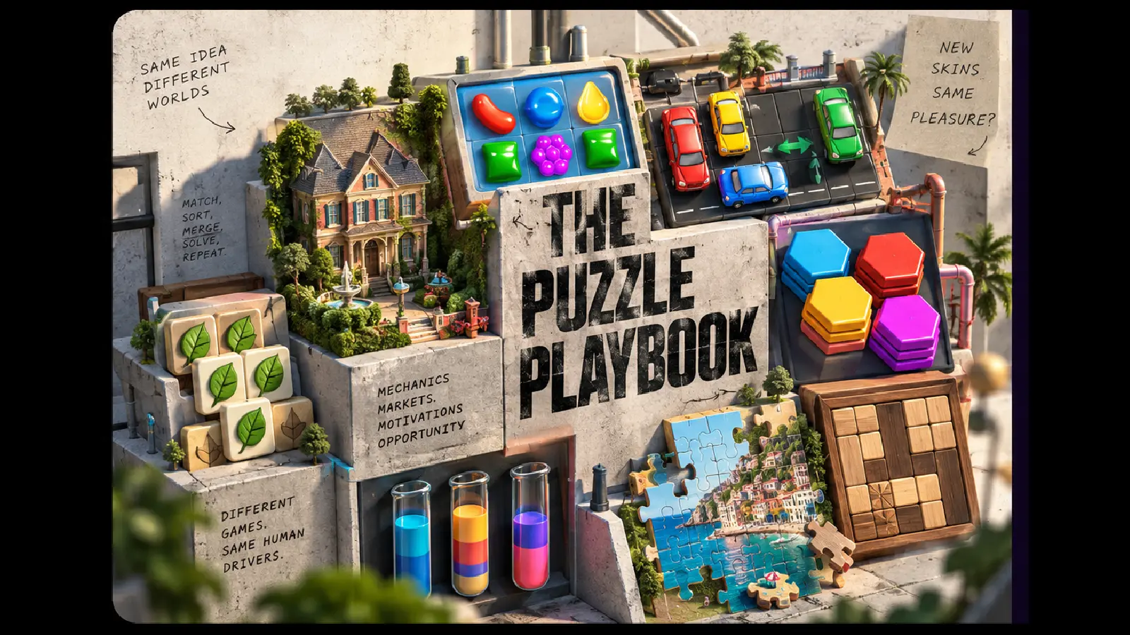Four puzzle mechanics showing immediately readable first-frame states