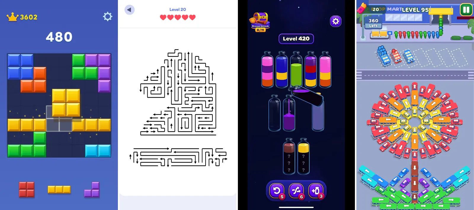 Four puzzle mechanics showing immediately readable first-frame states