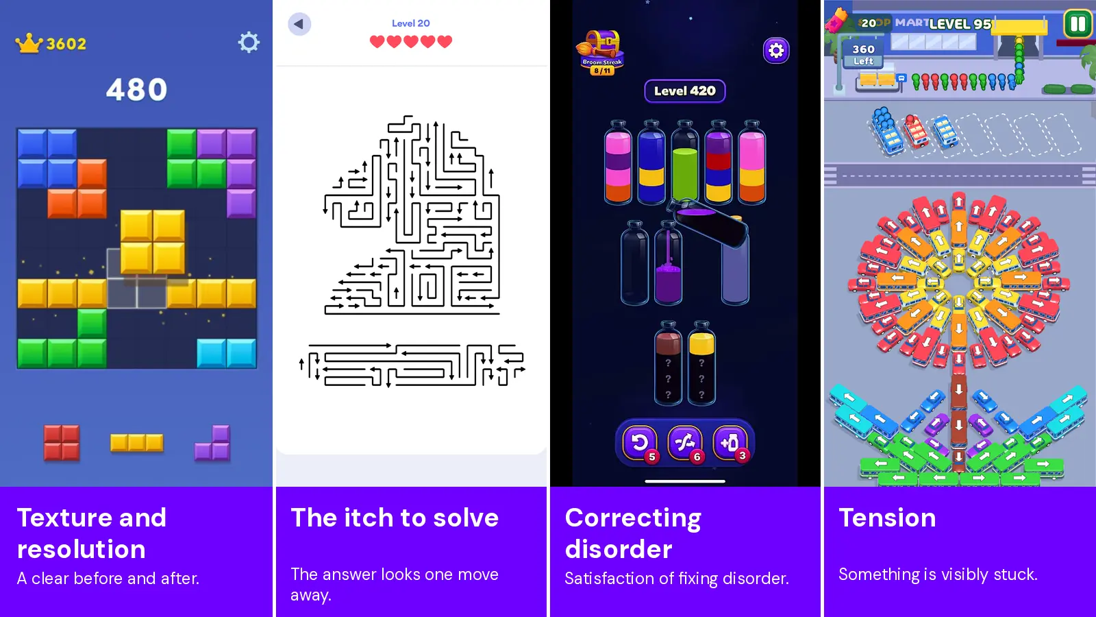 Four puzzle mechanics illustrating different immediate hooks