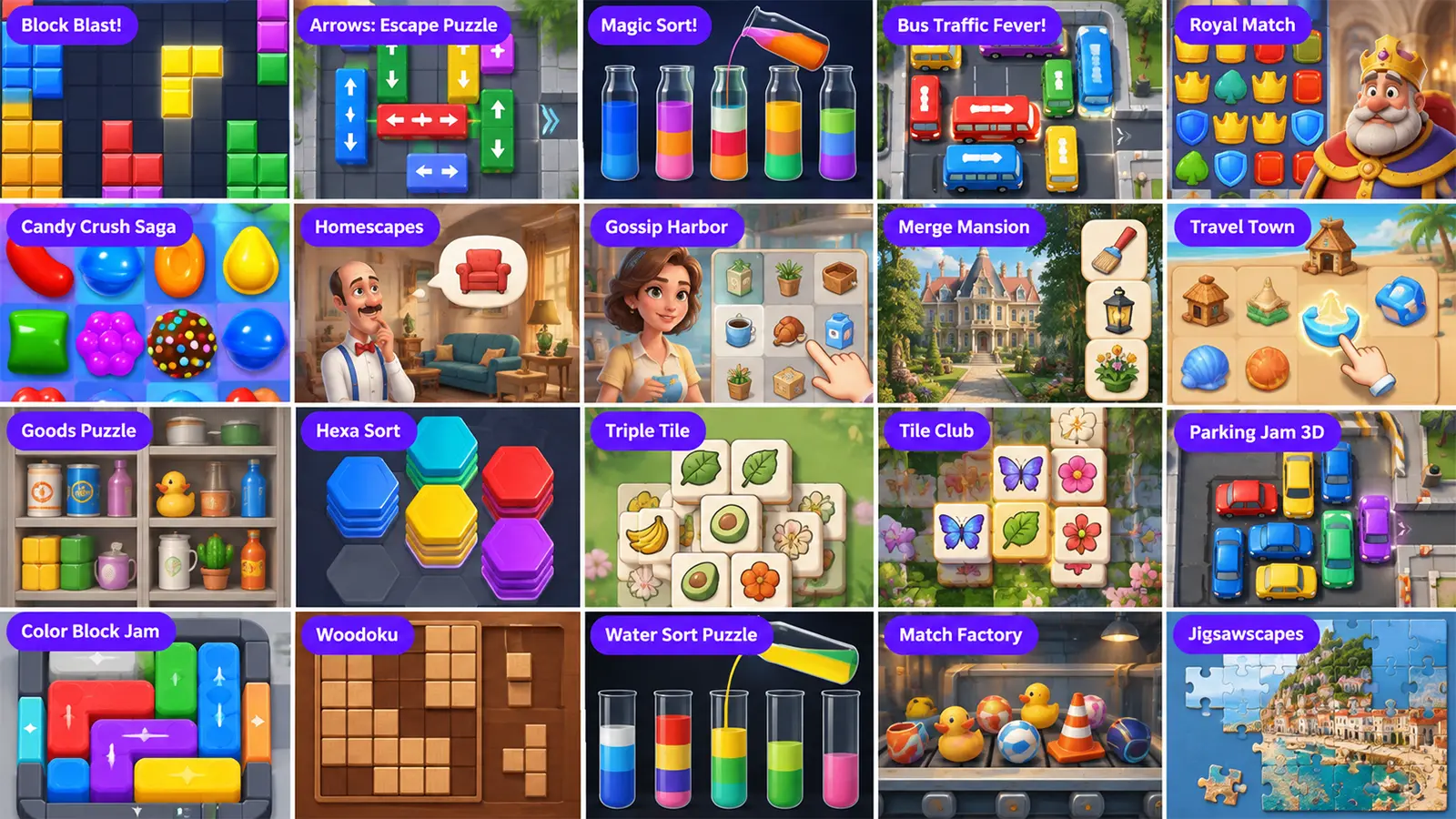 Puzzle game examples across mechanics and business models